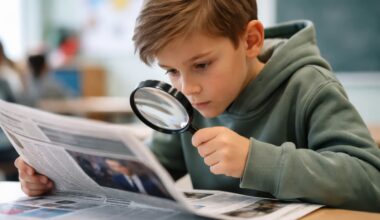 Criança, com uma lupa, a analisar um jornal