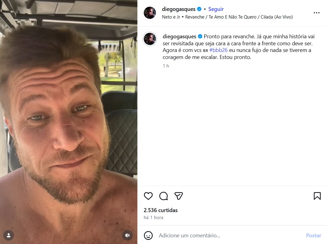 Diego Alemão manda recado para produção do BBB 26 - Foto: Reprodução / Instagram @diegogasques