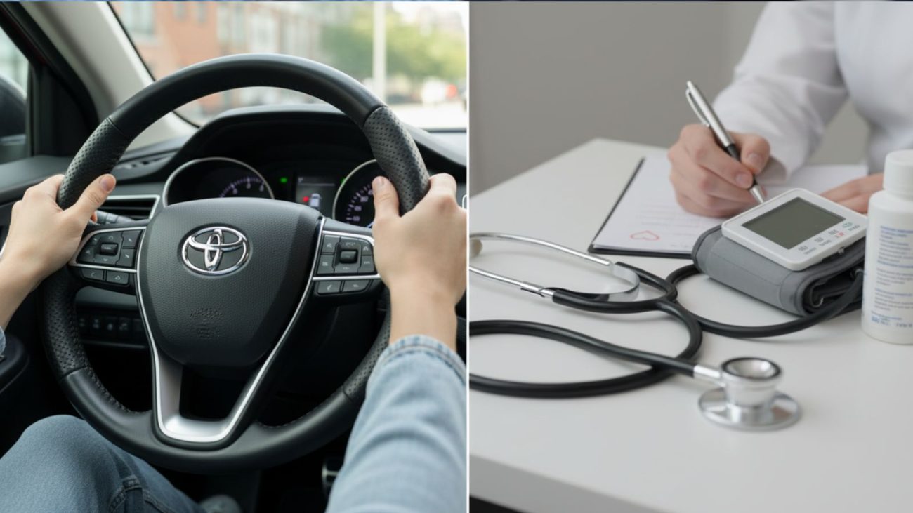 na foto aparece metade de uma pessoa dirigindo e metade de um médico prescrevendo com as doenças que travam sua CNH
