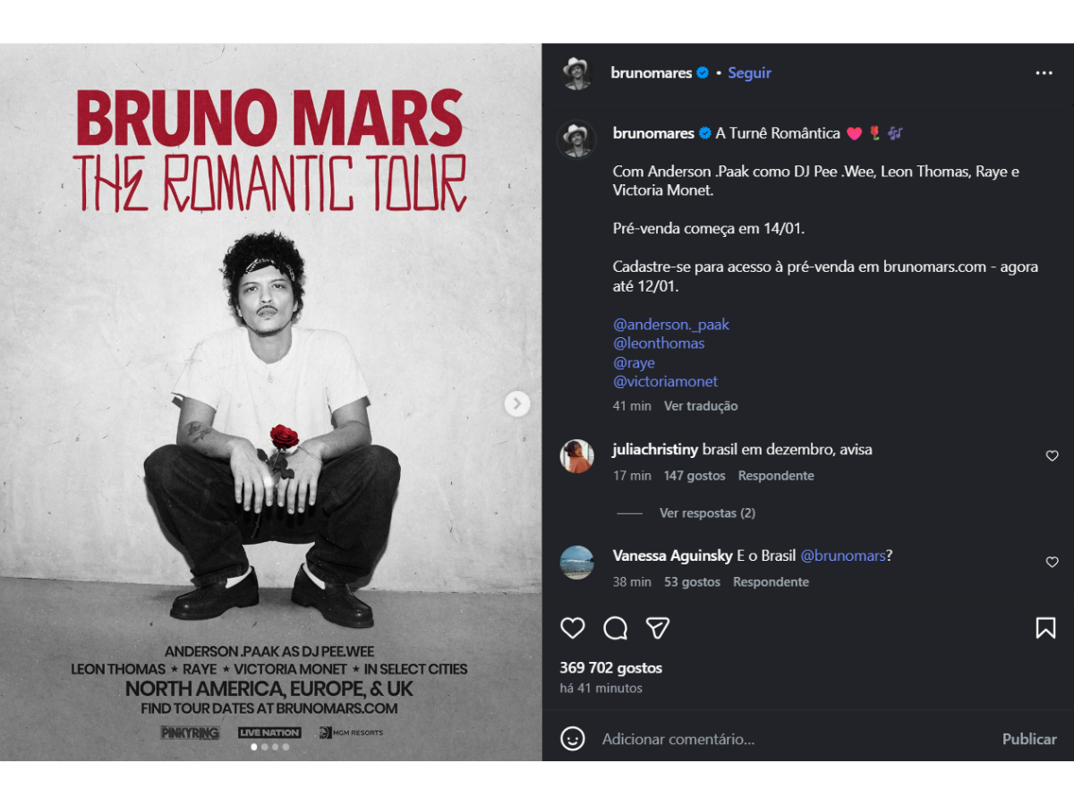 Reprodução Instagram Bruno Mars 