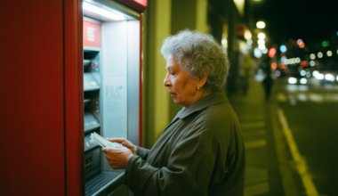 Idosa a levantar dinheiro de noite. Crédito: Freepik AI