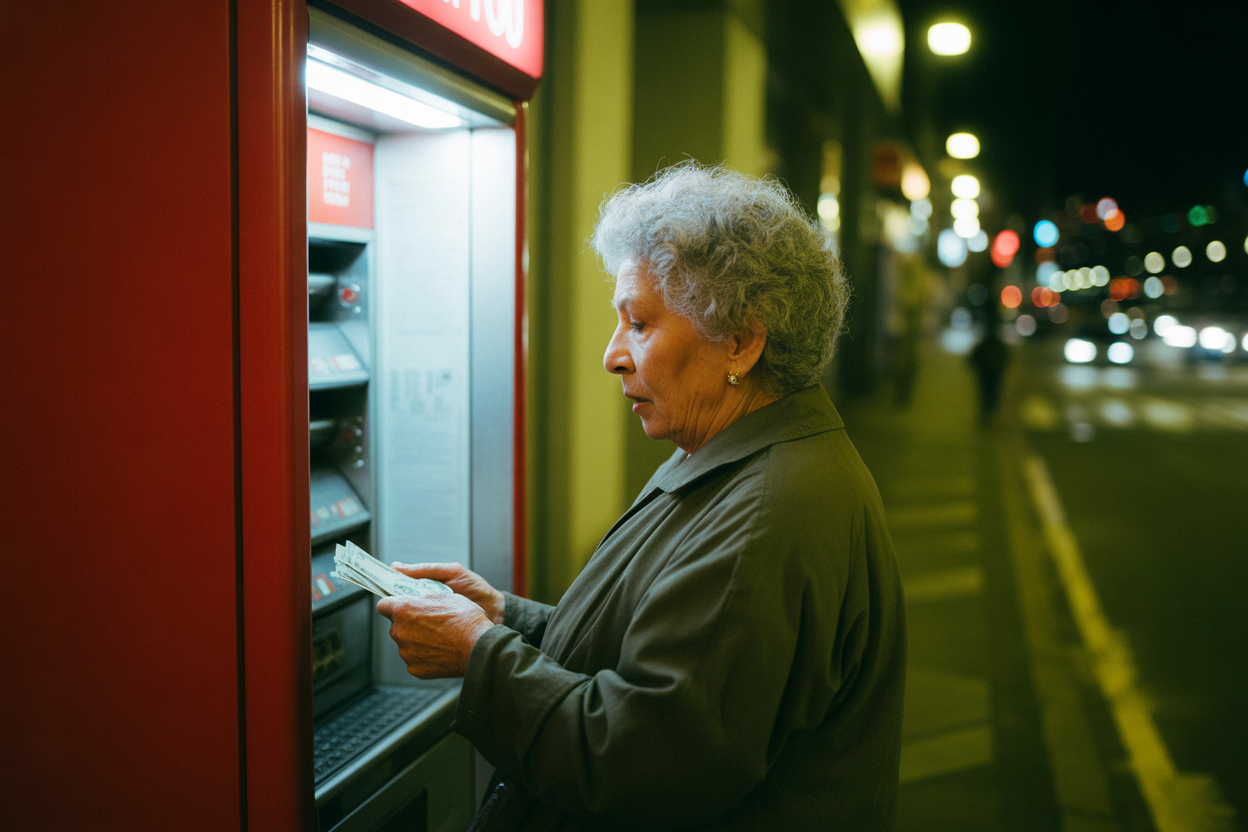 Idosa a levantar dinheiro de noite. Crédito: Freepik AI