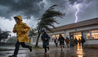 Crianças a sair da escola devido a mau tempo. Crédito: Freepik AI