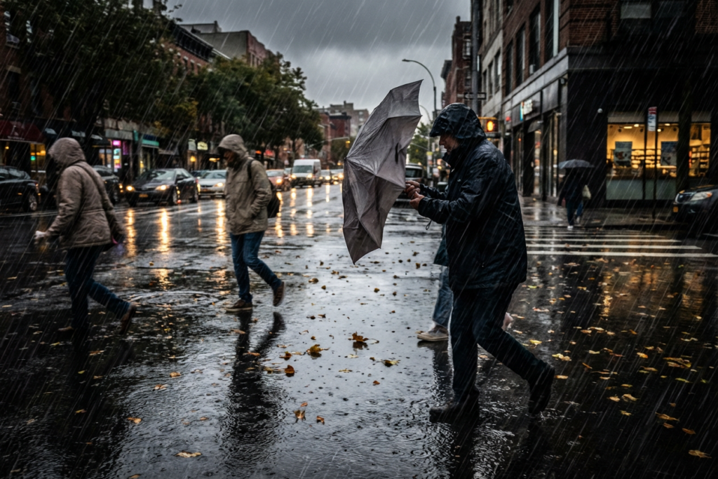 Pessoas debaixo de forte temporal. Crédito: Freepik AI