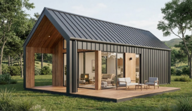 Projeto de casa confortavel, com 2 quartos em 70 metros quadrados, parece ter saído de uma série com o uso de madeira