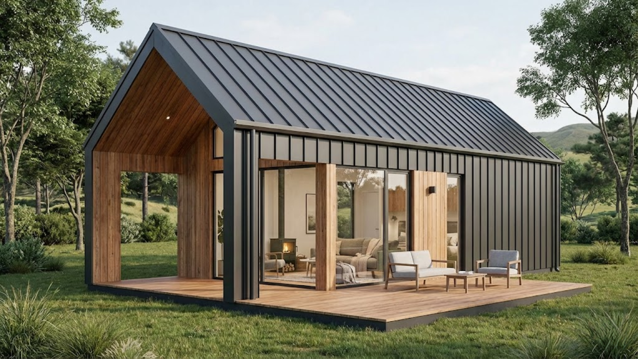 Projeto de casa confortavel, com 2 quartos em 70 metros quadrados, parece ter saído de uma série com o uso de madeira