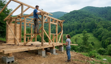 Jovem casal constrói sozinho em 349 dias uma casa dos sonhos com dois andares em um campo verde no meio da natureza