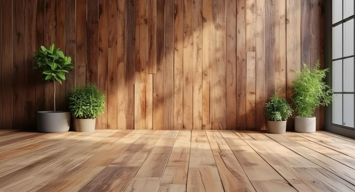 Ambiente interno com piso flutuante de madeira clara, parede revestida com painéis de madeira e vasos de plantas distribuídos nos cantos, criando um espaço acolhedor e bem iluminado por luz natural.