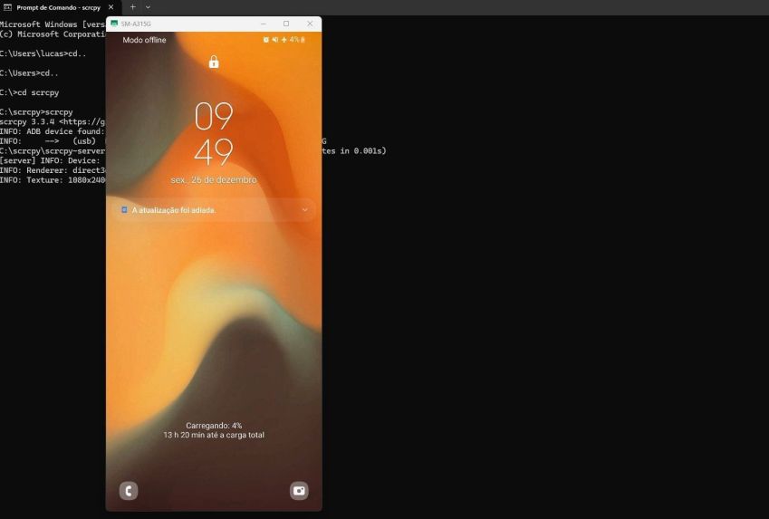 Após realizar todas as etapas, a tela do seu smartphone Android será espelhada no PC. • Créditos: Reprodução/Scrcpy