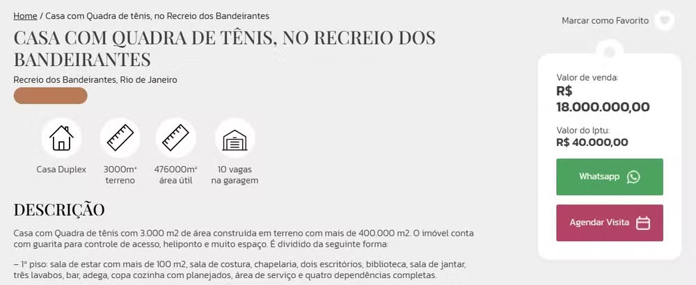 Print de anúncio de mansão de Renato Aragão que está à venda