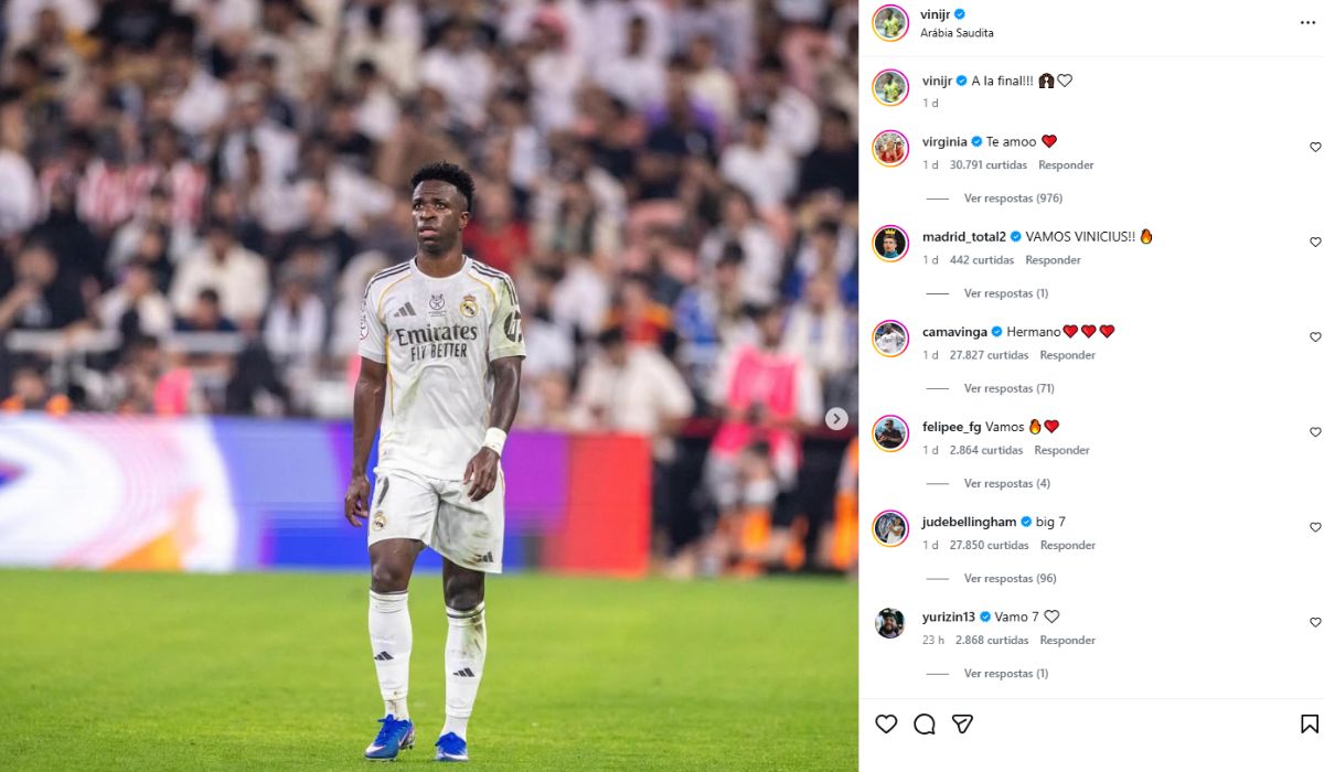 Vini Jr comemorou vaga na final da Supercopa da Espanha e recebeu apoio de Virginia.