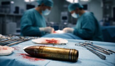 Imagem gerada com recurso a IA: um míssil numa sala de operações, com dois médicos ao fundo