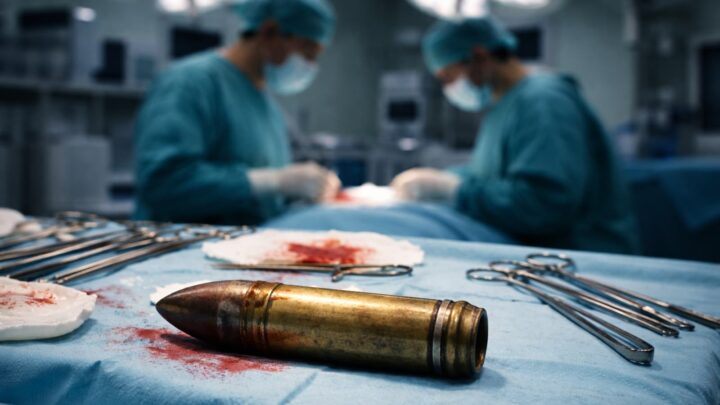 Imagem gerada com recurso a IA: um míssil numa sala de operações, com dois médicos ao fundo