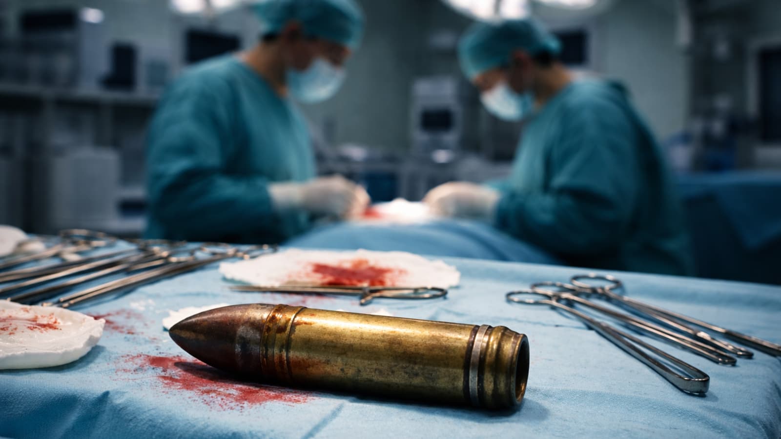 Imagem gerada com recurso a IA: um míssil numa sala de operações, com dois médicos ao fundo