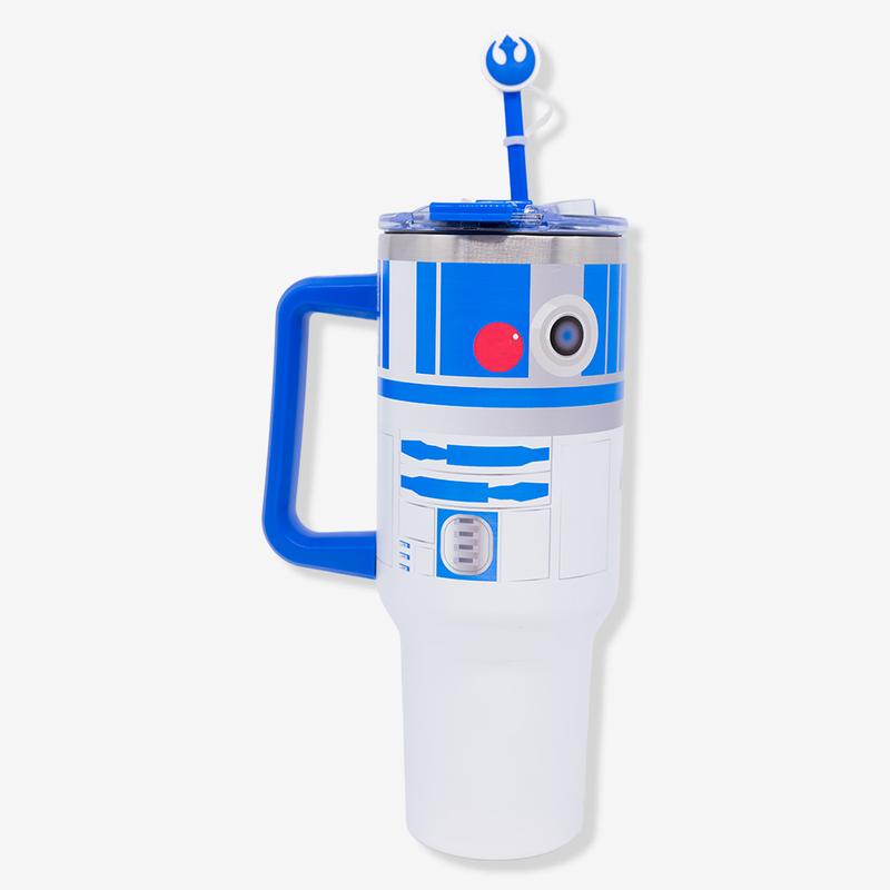 Copo térmico Star Wars R2-D2 azul e branco, com detalhes do robô e canudo em forma de antena