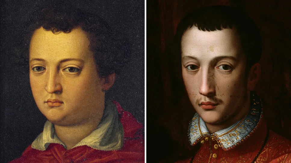Retratos do cardeal Giovanni di Cosimo I de' Medici, de Agnolo Bronzino (à esquerda), e de Francesco de' Medici, atribuído a Alessandro Allori (à direita).