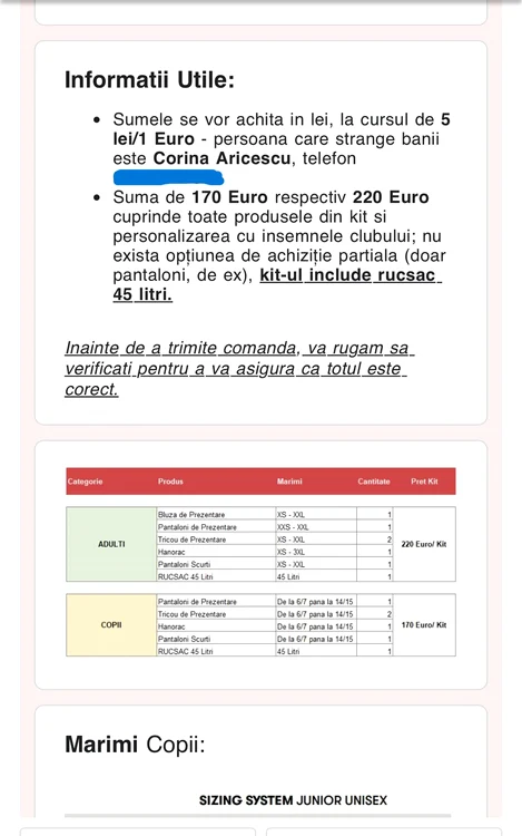 Mesaj cu detalii despre echipamentul marca Arena