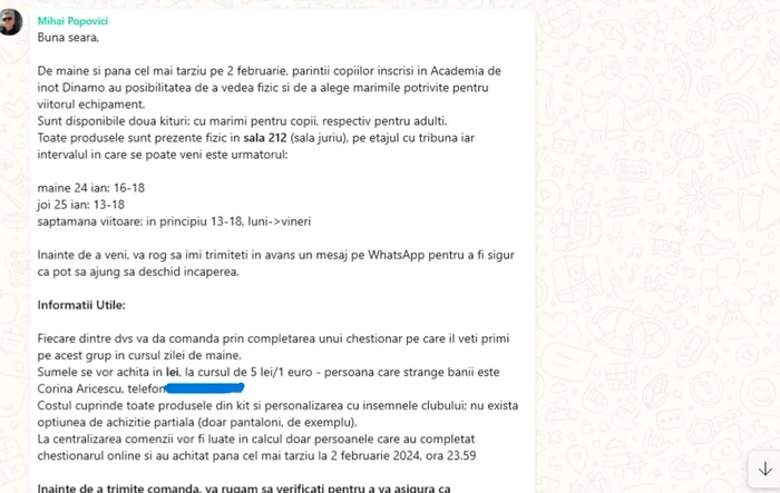 Mesajul prin care Mihai Popovici anunța, printre altele, cine strânge banii pentru echipament