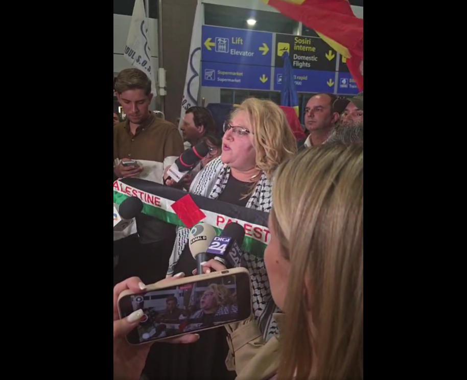 Diana Șoșoacă a fluturat steagul Palestinei pe aeroportul Otopeni. Ea a făcut atacuri la adresa Israel, NATO, Parchetul General și UE