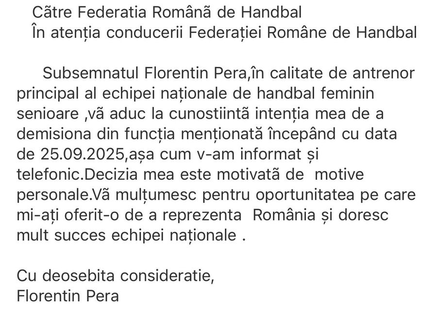 Cutremur la naționala de handbal feminin! Selecționerul Florentin Pera și-a dat DEMISIA » GSP a aflat motivul