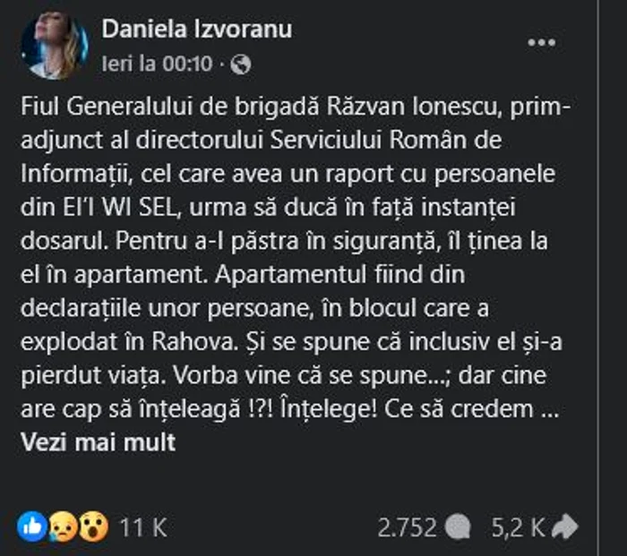 Mesaj postat de pe contul Daniela Izvoranu