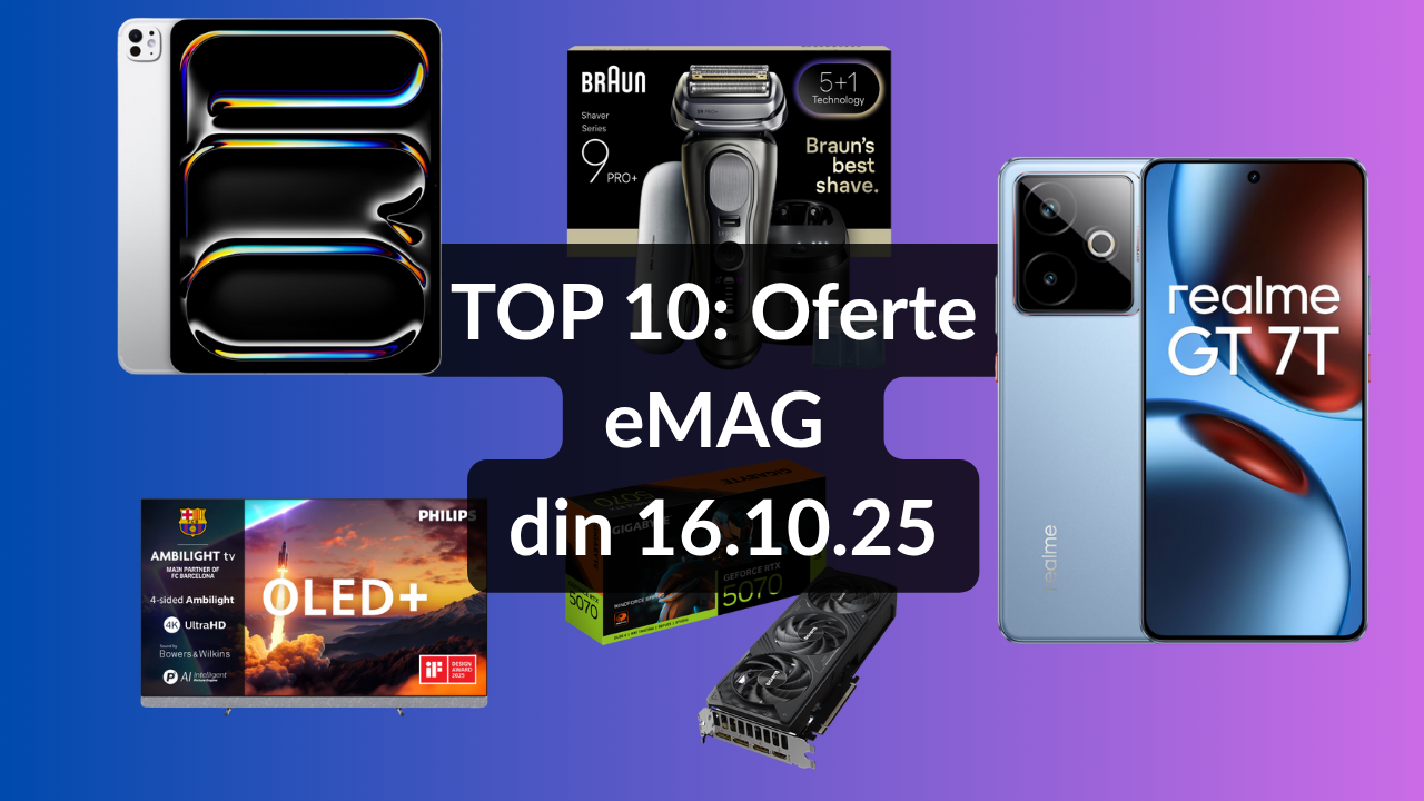 Oferte eMAG din 16.10.25 (televizor Philips OLED pe diagonala de 194 cm și cu garanție pe 5 ani, cel mai performant aparat eelctric de ras cu reducere de 20%, placă video GIGABYTE GeForce RTX 5070 WindForce cu recenzii inițiale perfecte etc)