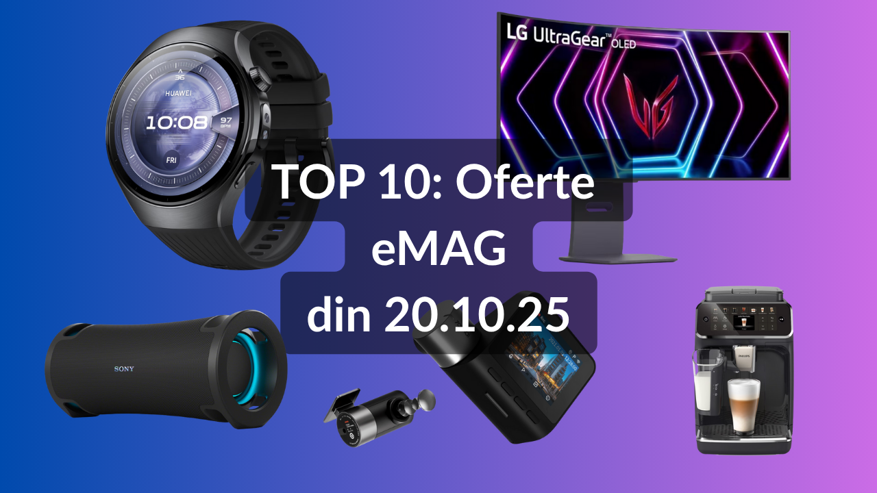 Oferte eMAG din 20.10.25 (cel mai performant aspirator pentru automobil, Huawei Watch 5 cu reducere de 20%, boxă portabilă Sony cu evaluarea 4.75 / 5 din 48 de review-uri etc)