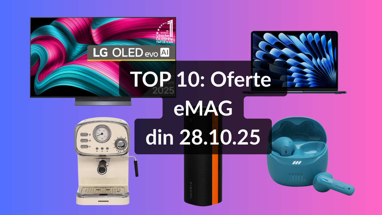 TOP 10: Oferte eMAG din 28.10.25 ( anvelopă de iarnă cu preț mic și nota 4.64 / 5 din 103 review-uri, boxă portabilă Xiaomi de 50W RMS, televizor LG OLED cu diagonala de 139 cm