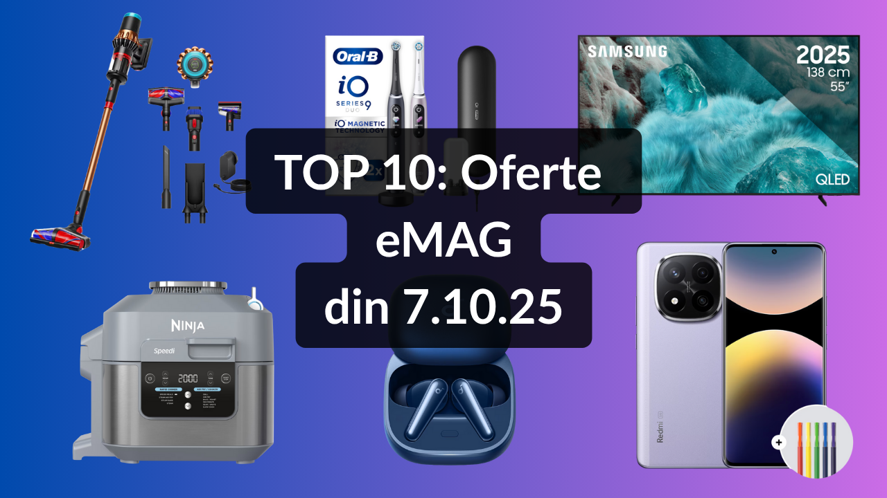 Oferte eMAG din 7.10.25 (televizor QLED Samsung în ediție 2025 cu reducere de 10%, cel mai nou aspirator Dyson la promoție în Genius Days, multicooker Ninja cu 10 programe la preț atractiv etc)
