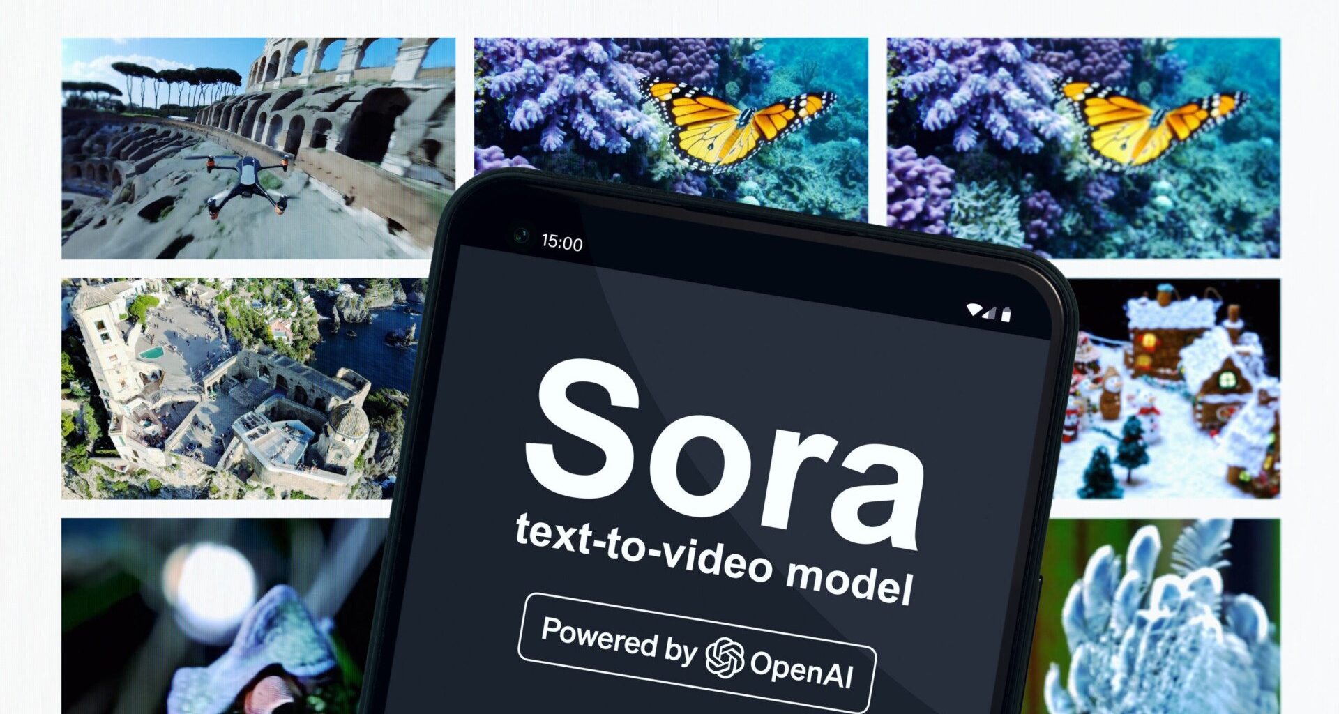 modulul video AI Sora, pe un telefon cu niste imagini pe fundal