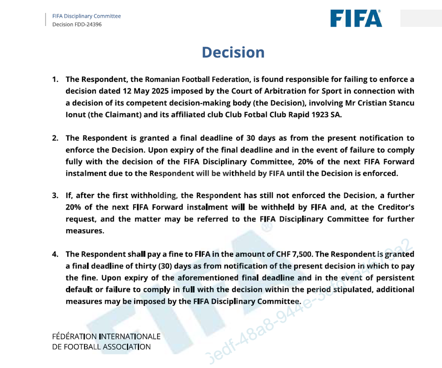 Premieră incredibilă: FRF amendată de FIFA pentru că a refuzat să pună în aplicare o decizie TAS împotriva Rapidului! + Federația se opune discutării cazului în Comitetul Executiv