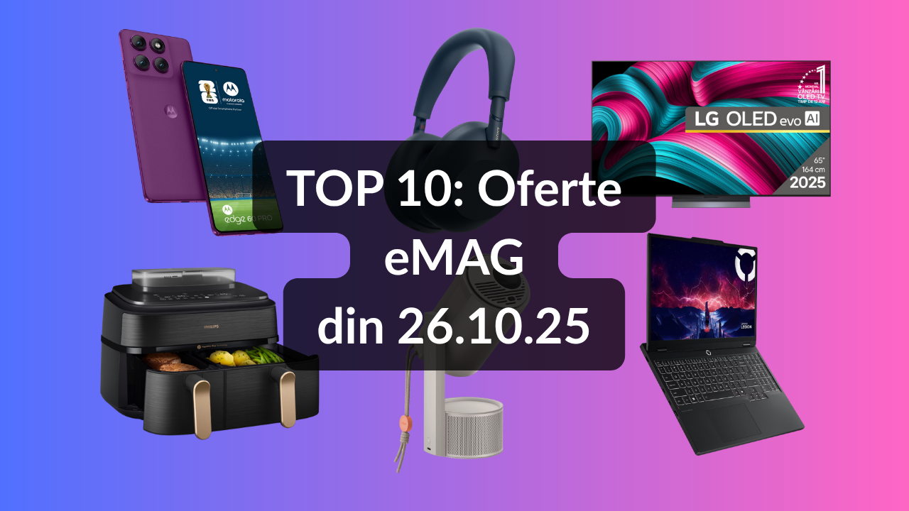 Oferte eMAG din 26.10.25 (cel mai bun televizor LG OLED pe diagonala de 164 cm ca raport preț / specificații, laptop best-buy cu RTX 5060, telefon cu baterie de 6000 mAh și culoare interesantă etc)