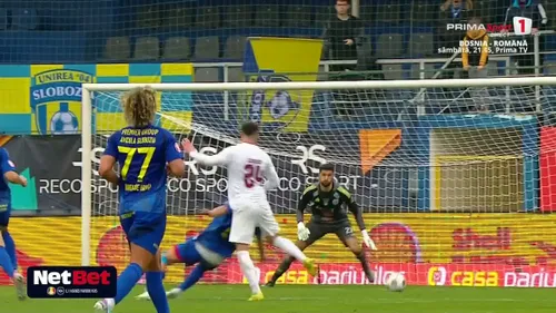 Golul marcat de Andrei Cordea în partida Unirea Slobozia - CFR Cluj. Foto: Captură, Prima Sport