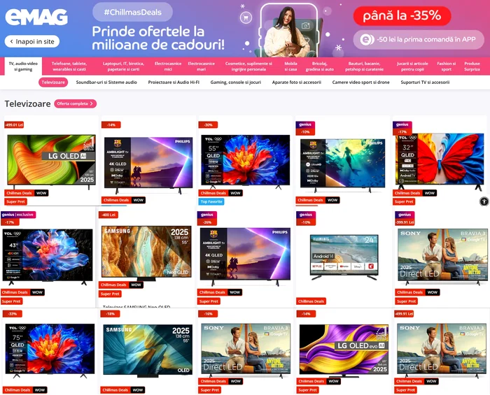 Pagina eMAG pentru campania Chillmas Deals 2025 pentru televizoare Sursă eMAG