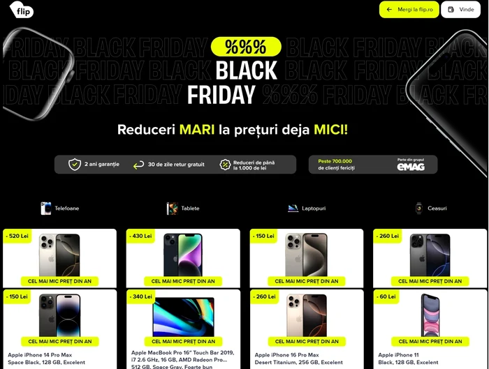 Pagina de prezentare a produselor de Black Friday de pe Flip.ro