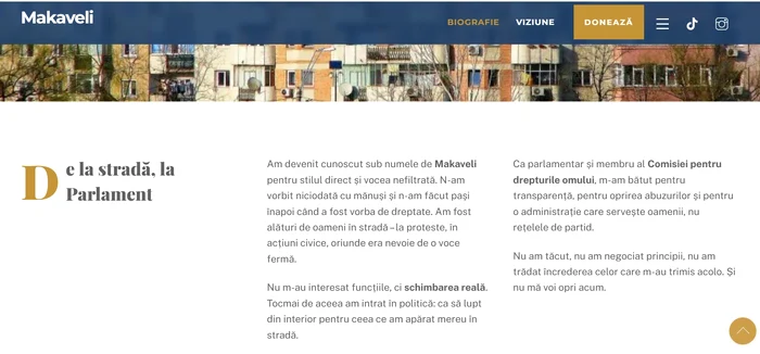 Pe site-ul oficial se menționează că ar fi fost parlamentar FOTO: captura makaveliprimar.ro