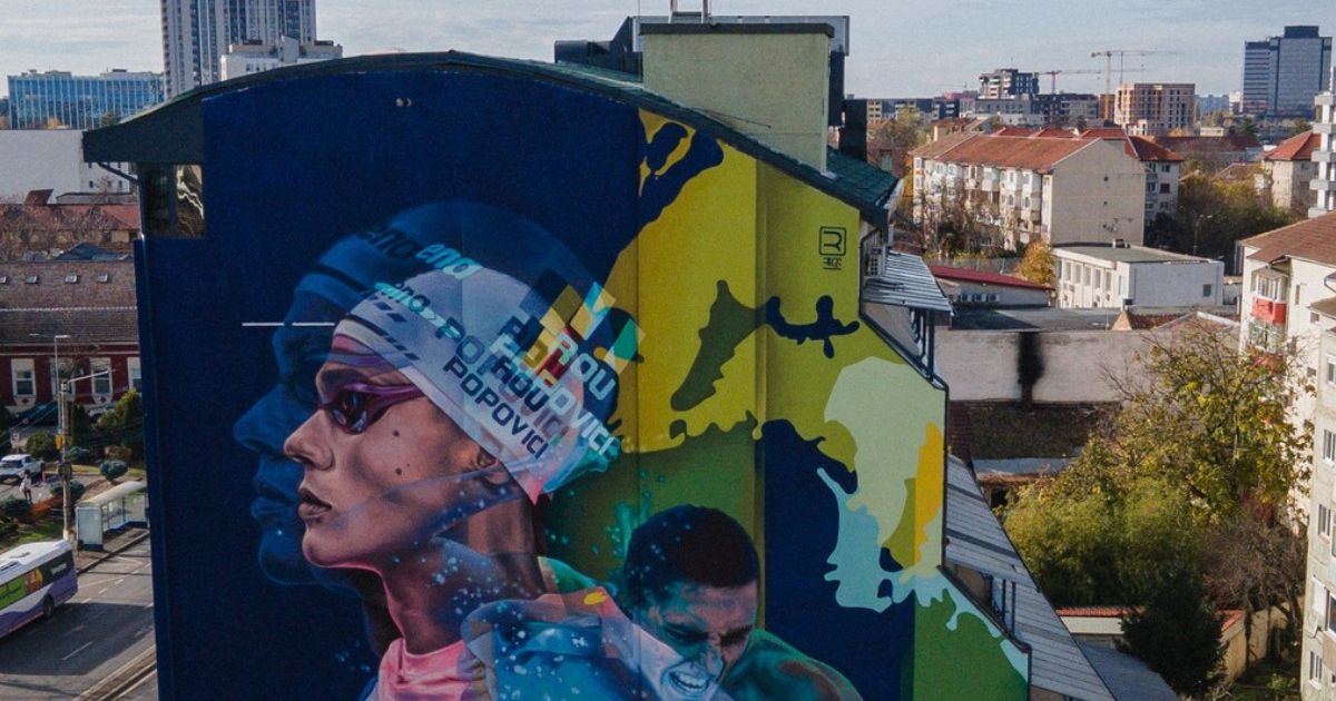 Popovici are un mural uriaș. FOTO. Cum arată pictura de 400 de metri pătrați care îl are în centru pe campionul olimpic și unde o poți vedea
