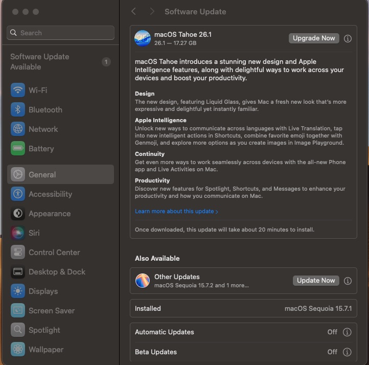 O întrebare la care am așteptat răspunsul cu puțină îngrijorare a fost legată cum instalezi update-urile de macOS (Sequoia 15.7.2 în cazul meu) pe un sistem cu OpenCore Legacy Patcher.