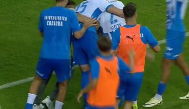 Jucătorii de la Universitatea Craiova celebrând golul la meciul cu Spartak Trnava din preliminariile Europa League