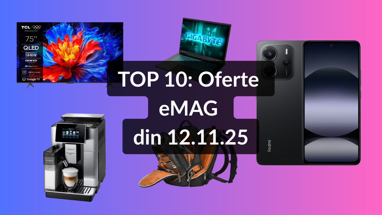 Oferte eMAG din 12.11.25 (cel mai ieftin televizor QLED pe diagonala de 189 cm, espressor automat De’Longhi ce prepară 21 de băuturi, telefon mobil la 599.99 lei cu nota 4.67 / 5 din 143 de review-uri etc)