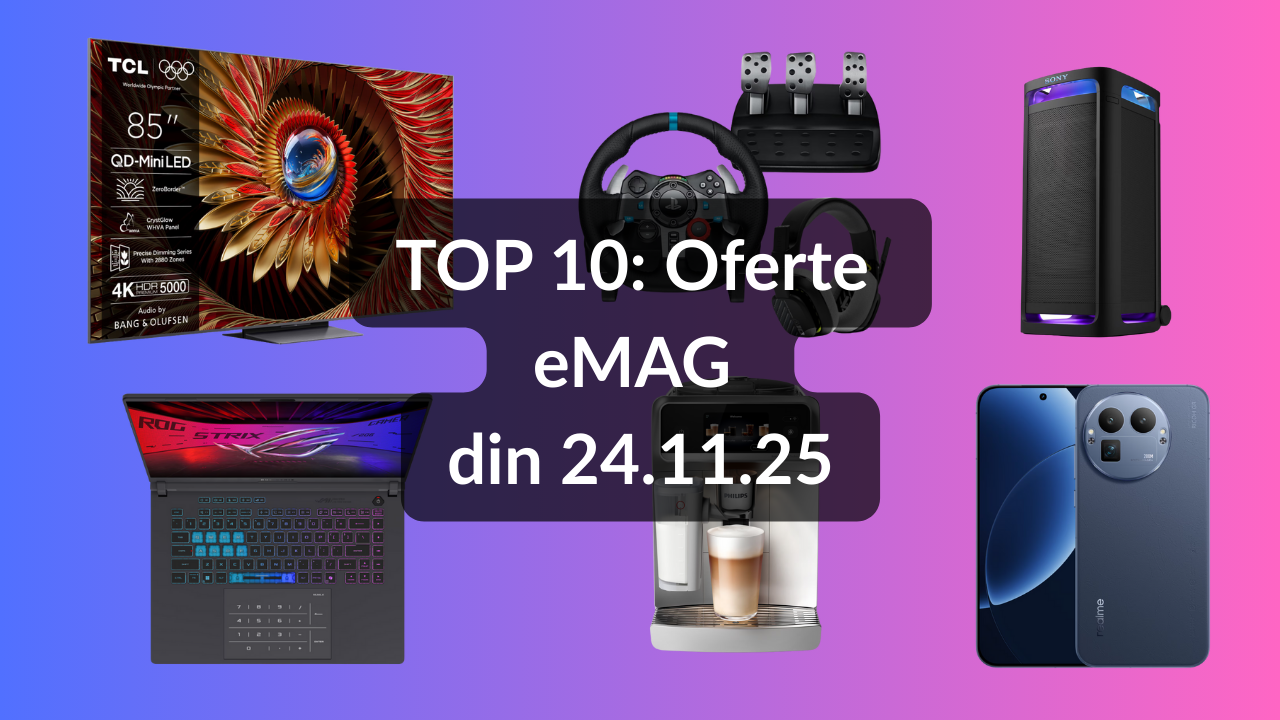 Oferte eMAG din 24.11.25 (cel mai performant espressor automat de la Philips, televizor TCL QD-MiniLED pe diagonală mare și cu garanție pe 5 ani, boxă audio Sony de putere mare etc)