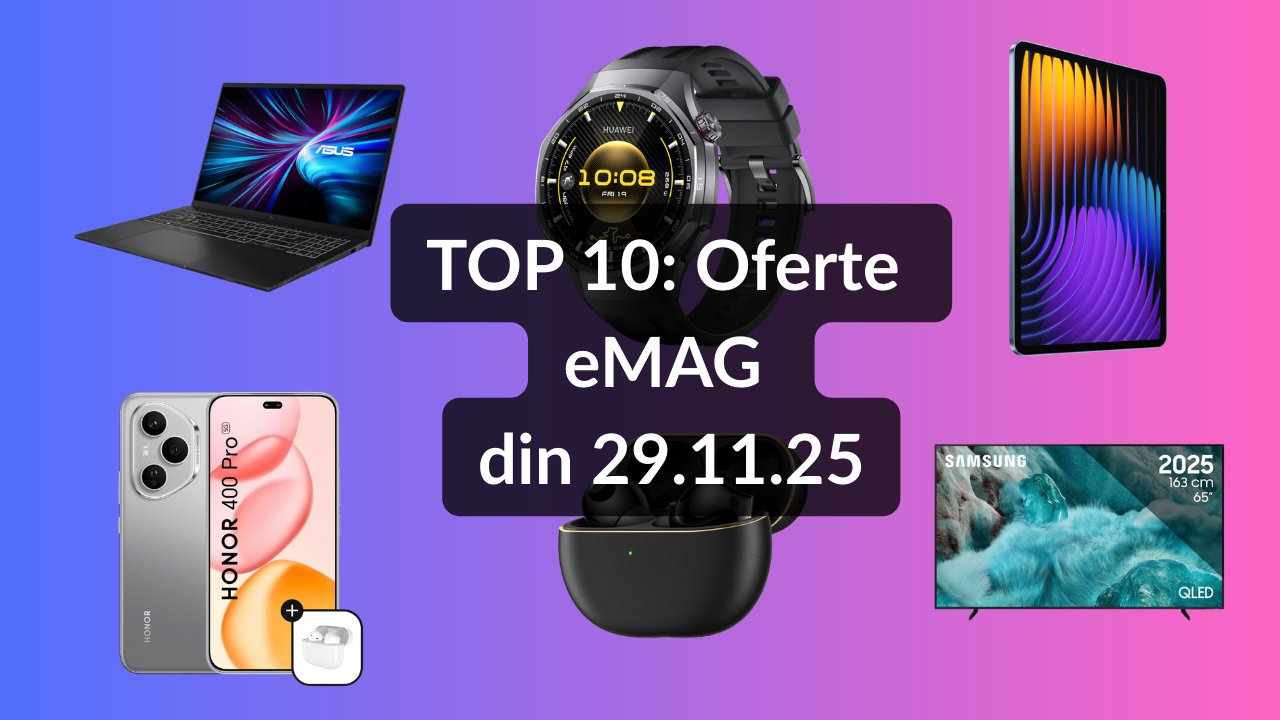 Oferte eMAG din 29.11.25 (cel mai bun smartwatch ca raport preț / specificații la preț și mai bun, televizor QLED Samsung cu nota 4.76 / 5, smartphone atractiv sub pragul a 3000 lei etc)