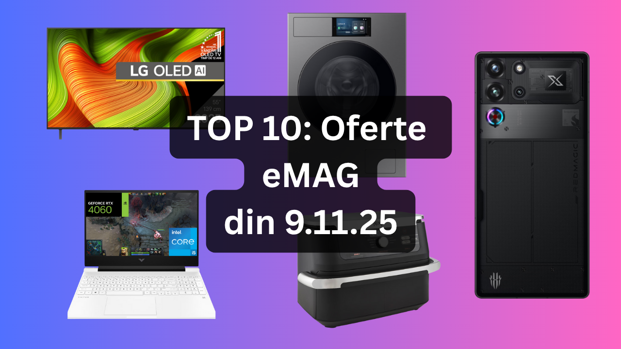 Oferte eMAG din 9.11.25 (telefon mobil cu 24 GB RAM și 1 TB stocare sub 5000 lei, televizor LG OLED, model 2025 cu diagonala de 138 cm la preț atractiv, cel mai ieftin aspirator vertical Dyson etc)
