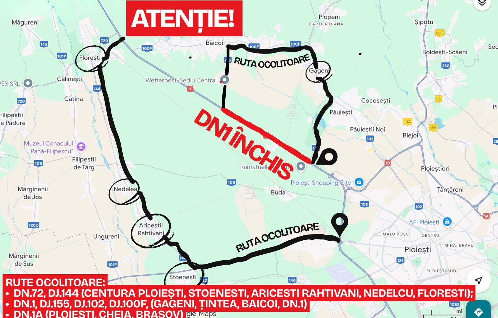Se închide circulația pe DN1. Care sunt rutele alternative