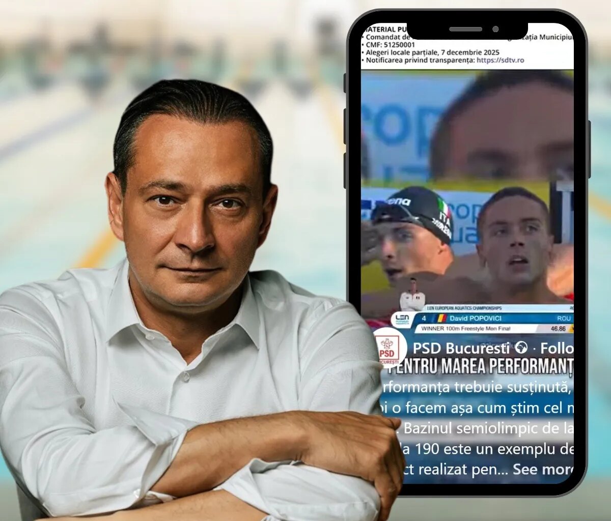 PSD îl folosește pe David Popovici. În campania lui Daniel Băluță pentru Primăria Bucureștiului, un spot plătit de PSD îi asociază imaginea campionului cu cea a primarului din Sectorul 4