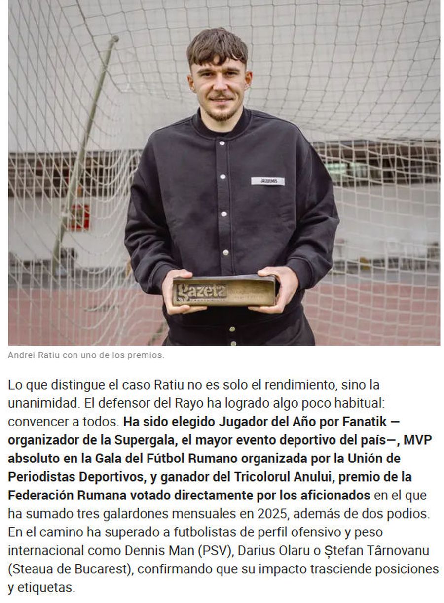 MARCA, după ce Andrei Rațiu a fost ales Fotbalistul Anului în Ancheta GSP: „Cel mai prestigios premiu. Balonul de Aur al României”