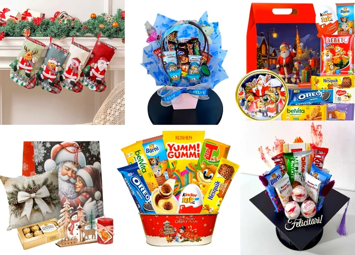 Cadouri dulci pentru copii Moș Nicolae și Crăciun 2025 – Pachete festive eMAG sub 50 lei Colaj eMAG