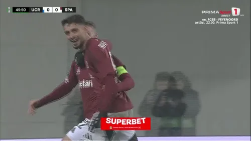 Golul marcat de Albion Rrahmani în meciul U Craiova - Sparta Praga. Foto: Captură, Prima Sport