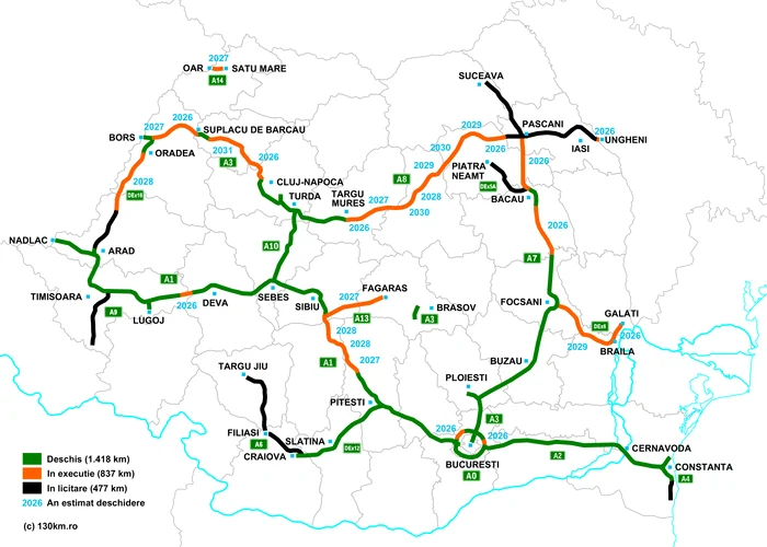 Harta autostrăzilor și drumurilor expres din România. Sursa 130km.ro