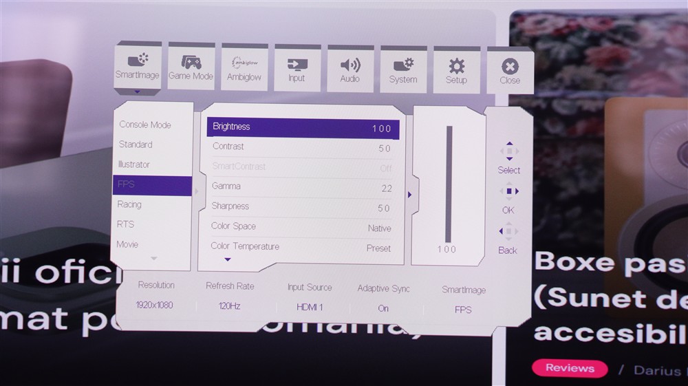 Meniu OSD Monitor curbat de gaming QD-OLED Philips Evnia 34M2C6500